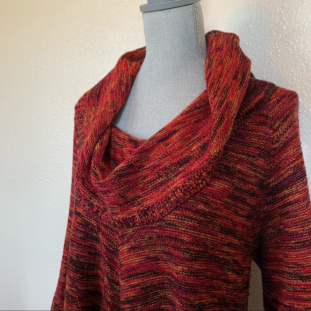 Kim Rogers Red Yellow Fuchsia Sweater 3/4 Sleeve Cowl Neck Handkerchief Hem